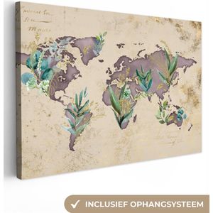 Canvas Wereldkaart - 30x20 - Wanddecoratie Wereldkaart - Vintage - Goud