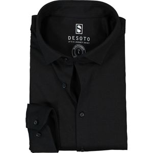 DESOTO slim fit overhemd - stretch pique tricot Kent kraag - zwart - Strijkvrij - Boordmaat: 37/38