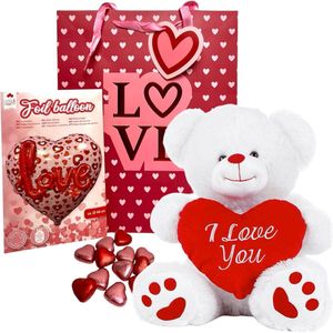Cadeaupakket Valentijnsdag- Verjaardagscadeau- Valentine- Schattige beer- Valentijn Cadeau- Pluche beer- Hartje chocolade- Folieballon- Geschenktas- Liefde - Valentijnsdag cadeau voor haar- Pluche beer 20 cm- Valentijn- Moederdag- Salery Home