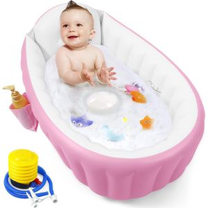 Opblaasbare badkuip voor baby's, draagbaar reisbad, babybad, peuterbad met luchtpomp, opvouwbaar antislip douchebassin mini luchtzwembad voor pasgeborenen (roze)