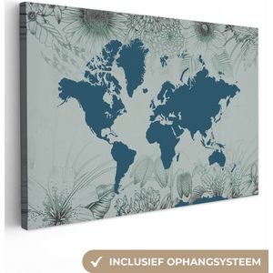 Canvas Wereldkaart - 60x40 - Wanddecoratie Wereldkaart - Grijs - Blauw