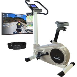 Skandika Morpheus Hometrainer Fiets – Hometrainer fitness – Hometrainer ergometer fitnessbike, hometrainer met bediening en Street View functie, polsslagband, 32 instelbare weerstanden en multifunctionele computer met calorieverbruik – zwart/beige