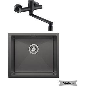 CECIPA max Spoelbak Keuken 50x44cm Antraciet - Spoelbakken met Keukenmengkraan voor wandmontage Zwart - Gootsteen voor Roestvrij staal - Enkele spoelbak - Spoelbakken met afdruip