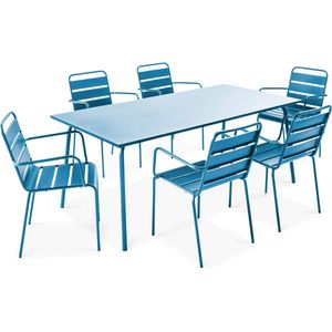 Oviala - Tuinset met tafel en 6 fauteuils in blauw pacific metaal - Palavas