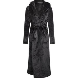 Charlie Choe badjas dames - 100 % zacht fleece - lang model - dames badjas met capuchon - trendy ochtendjas - zwart/donkergrijs - XL