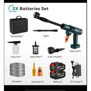 Draadloze Hogedrukreiniger - Draagbare Ontwerp - 6-in-1 Spuitmond - Voor Auto - Tuin en Terras - Gebruiksvriendelijk - 2 Accu's met 1 Lader - 200 Bar - 3500W Brushless Motor