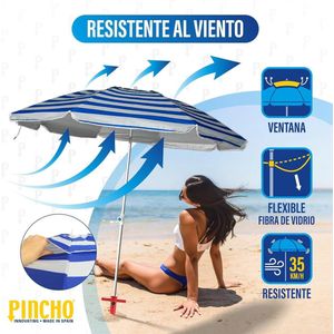 Strandparasol 180 cm UPF+50 aluminium - Blokkeert 99% UV-stralen - 8 glasvezelstangen - Lichtgewicht 15 kg - Venster boven