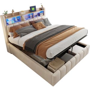 Learnlogic polsterbed, 180x200 cm, met LED-verlichting en USB-stopcontact, hoofdeinde met inlegplaten en opbergruimte, met hydraulische opbergruimte, volwassenenbed, dubbelbed, linnen beige