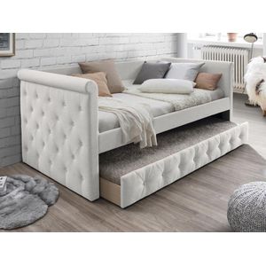 Uitschuifbare slaapbank met capitonnage 2 x 90 x 190 cm - Stof - Beige + matras - LOUISE L 219 cm x H 95.2 cm x D 98.5 cm