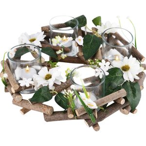 Dekoratief | Tafelstukje rond m/witte bloemen, naturel, 30x30x10cm | A220476