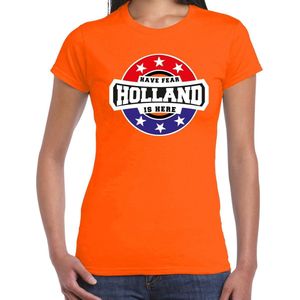 Have fear Holland is here t-shirt met sterren embleem in de kleuren van de Nederlandse vlag - oranje - dames - Holland supporter / Nederlands elftal fan shirt / EK / WK / kleding XS