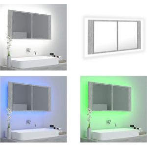vidaXL Badkamerkast met spiegel en LED 90x12x45 cm acryl betongrijs - LED-spiegelkast - LED-spiegelkasten - Kast - Kasten