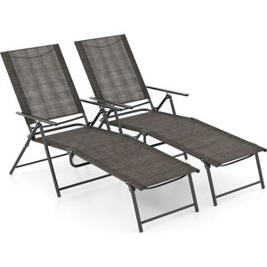 COSTWAY Set van 2 zonnestoelen, inklapbaar, tuinligstoel met verstelbare rugleuning, voeteneinde en ademende zitstof, klapstoel, belastbaar tot 150 kg, ligstoel voor tuin, terras
