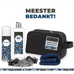 Geschenkset ""Meester bedankt"" - Cadeau voor Hem - 4 producten - 500 gram | Giftset - Cadeautje Man - Set Meesterdag Geschenk - Toilettas - Gastendoekje Navy, Douchegel & Deodorant - Leraar - Docent - Leerkracht - Blauw
