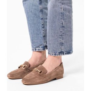 No Stress - Dames - Taupe suède loafers met goudkleurig detail - Maat 38