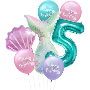 Cijfer ballon 5 Turquoise - Zeemeermin - Mermaid - Meermin - Ballonnen Pakket - Kinderfeestje - Helium Ballonnen - Snoes