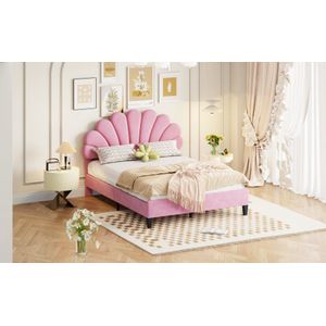 Gestoffeerd bed 140 x 200 cm - bedframe met bloemvormig hoofdeinde - lattenbodem in huidvriendelijke fluwelen stof -Pink