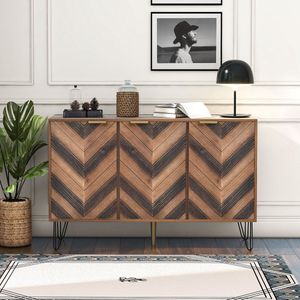 Gutent Dressoir, Hout + Zwart, Drie Deuren, Veel opbergruimte, Deuren gemaakt van massief houtfineer met een intaglio afwerking, inclusief laminaat, kleine kast met goudkleurige beglazing