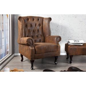 Chesterfield fauteuil 85cm antiek bruin met knoopstiksel en veerkern - 19448