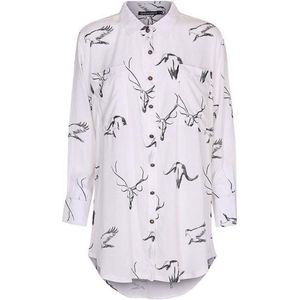Dames blouse tuniek cremewit met donkergrijze dierenprint volwassen lange mouw  viscose  luxe chic maat 36