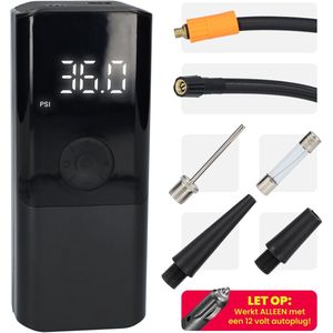 Bandenpomp Auto - Auto accessoires - Elektrische luchtcompressor - 12V Aansluiting - Met vier opzetstukken - Compressor - Handig draagzakje - Compact formaat - Zwart