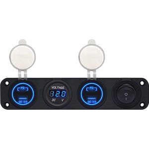 ProRide 12V USB Autolader 4 Poorten - QC3.0 - Voltmeter en Schakelaar - Viervoudig inbouw paneel