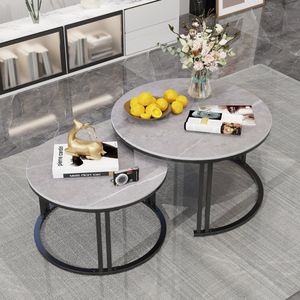 Salontafel Set – Bijzettafel – Nestbare Tafels – Woonkamertafel – Sintersteen Blad – Stevig Metalen Frame - Donkergrijs