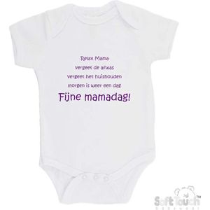 100% katoenen Romper ""Relax Mama Vergeet de afwas Vergeet het huishouden Morgen is weer een dag FIJNE MAMADAG!"" Moederdag Meisjes Katoen Wit/paars Maat 56/62