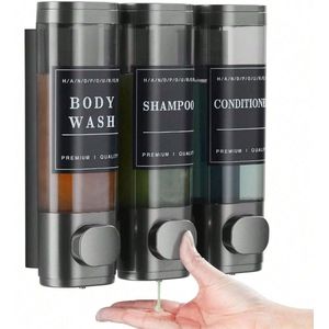 S&E Wandgemonteerde Zeepdispenser – Transparante Flessen met Label & Slot – Voor Douche, Keuken & Badkamer – Zonder Boren - Donker Grijs