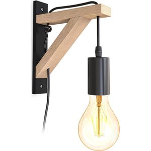 B.K.Licht - Landelijke Wandlamp - voor binnen - aan/uit schakelaar - met snoer - industriele - zwarte - houten wandlamp - netstroom - met 1 lichtpunt - bedlamp - slaapkamer - E27 fitting - excl. lichtbron