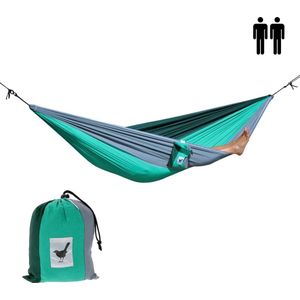 MoreThanHip (Reis)hangmat XXL Sherwood Forest - Groen/grijs - 2 Persoons hangmat van lichtgewicht parachutestof met opbergzak - Ligoppervlak 260 x 210 cm - Lengte 290 cm - voor tuin, camping en vakantie