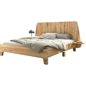 Merax Bed van Massief Hout 160x200 cm – Inclusief Houten Lattenbodem – Eiken – Met Opbergruimte in Hoofdbord – Stabiel en Duurzaam Ontwerp (Exclusief Matras)