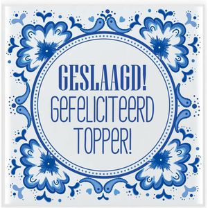 Bellatio Decorations Geslaagd cadeau tegel - gefeliciteerd topper - delfts blauw - keramiek - 15 cm - afgestudeerd