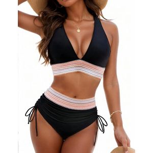 Allecto Premium - Bikini Dames Set Hoge Taille Kleurblok Tweedelig Badmode Met Trekkoord Voor Vrouwen