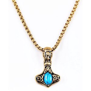 60cm Ketting + Viking Thor's Hammer Hanger Heren - Verguld Roestvrij Staal - Talisman Sieraden