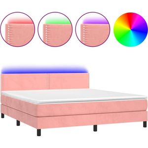 vidaXL - Boxspring - met - matras - en - LED - fluweel - roze - 180x200 - cm