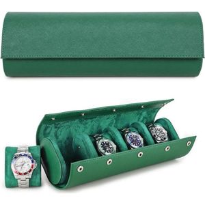 Opslag Horloge Case Echt Leder Handgemaakt Saffiano Lederen Reizen Draagbare Case - 4 Horloges - Verwijderbare Kussens - Snag Montage Ontwerp - Groen