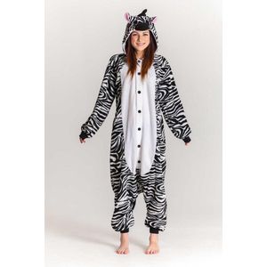 KIMU Onesie Zebra Pak - Maat M-L - Zebrapak Kostuum Zwart Wit Gestreept 170 176 - Pyjama Huispak Dierenpak Jumpsuit Dames Heren Overall Festival