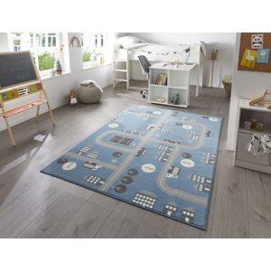 Flycarpets Adventures Blauw / Grijs Kindervloerkleed - Stad - Vloerkleed Kinderkamer / Babykamer - Speelmat / Speelkleed - 80x150 cm