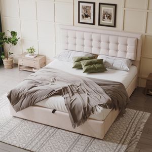 Gestoffeerd bed met 3 lades, hydraulisch bed, trekpunten aan het hoofdeinde, lattenbodem, tweepersoonsbed, veel opbergruimte, 160 x 200, linnen, beige
