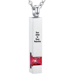 Luxe Ashanger | Met Ketting En Gravering | Voor Altijd In Onze Gedachte | Assieraad | Zilverkleurig Met Rode Steen | As Ketting | Gedenksieraad | Urn | Incl. As vuller
