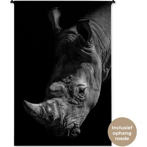 Wandkleed Close-up Dieren in Zwart-Wit - Close-up neushoorn op zwarte achtergrond in zwart-wit Wandkleed katoen 120x180 cm - Wandtapijt met foto XXL / Groot formaat!