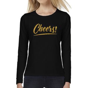 Cheers longsleeve zwart met gouden glitter tekst dames - Oud en Nieuw / Glitter en Glamour goud party kleding shirt met lange mouwen XL