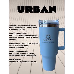 URBAN Drink Beker met Rietje / Baby Blauw / 1,2 liter inhoud / RVS Thermobeker.