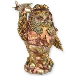 Resin uilenbeeld in pilotenoutfit – decoratief uilenfiguur met vliegende bril en hoed – unieke woondecoratie voor kamer of kantoor