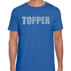 Glitter Topper t-shirt blauw met steentjes/ rhinestones voor heren - Glitter kleding/ foute party outfit L
