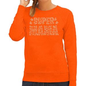 Glitter Super Mama sweater oranje met steentjes/ rhinestones voor dames - Moederdag cadeaus - Glitter kleding/ foute party outfit M