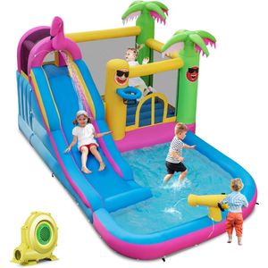 COSTWAY Springkasteel met ventilator, waterpark in flamingo-thema met lange waterglijbaan, kinderbadje, waterkanon & basketbalmand, voor tuin, 450 x 300 x 260 cm