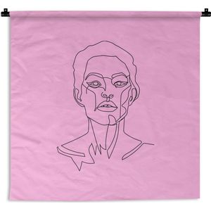 Wandkleed Line-art Vrouwengezicht - 13 - Illustratie vrouw met kort haar op een roze achtergrond Wandkleed katoen 150x150 cm - Wandtapijt met foto