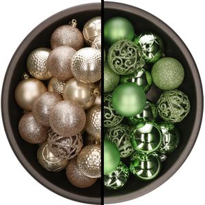 Kerstballen - 74x stuks - champagne en groen - 6 cm - kunststof